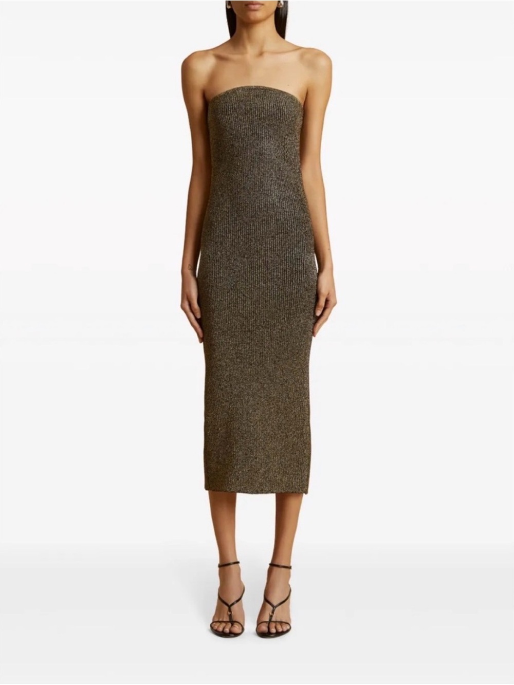 KHAITE Rumer Strapless Metallic Knit Midi Dress in Olive Gold